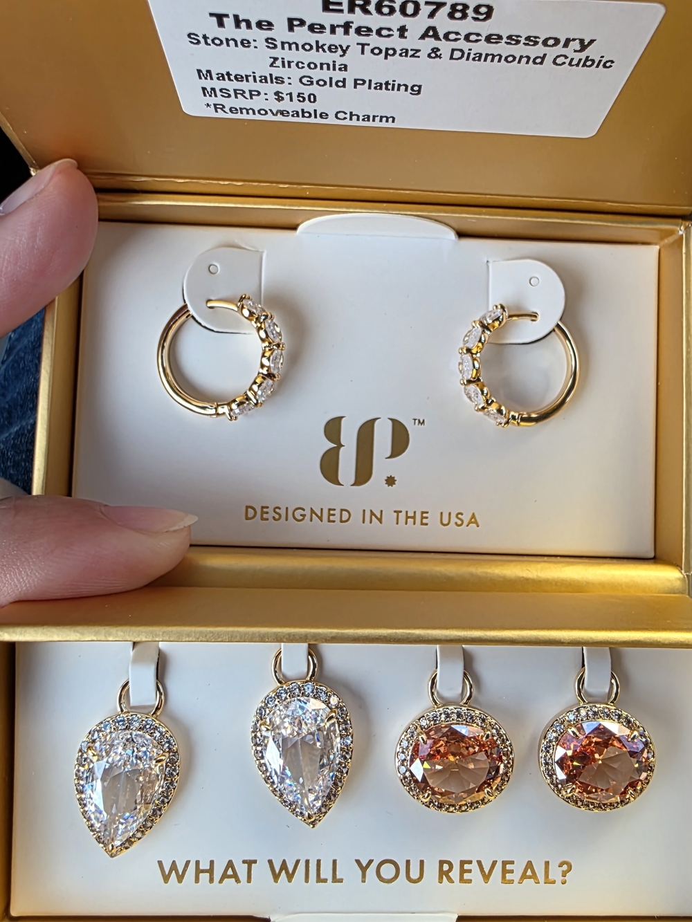 BP Gold-Plated Hoop Earring Set with Smokey Topaz & Clear CZ Charms - Gold
